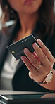 Hands, credit card and payment at office with online shopping, bills or financial freedom on break at job. Woman, fintech and easy transaction with digital banking, sale or e commerce at workplace