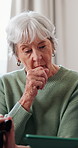 Nurse, tablet and old woman cough in home for pneumonia symptoms, health checkup, or chest pain. Tech, caregiver and senior person with respiratory illness for help, wellness evaluation and diagnosis