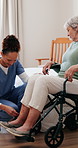 Old woman, nurse and wheelchair with help in bedroom with steps, feet and safety in retirement home. Elderly person with disability, legs and support for rehabilitation, mobility aid and recovery