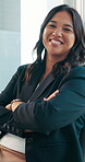 Arms crossed, face and smile of business woman in office for human resources or recruitment. Confidence, friendly and we are hiring with happy hr employee in workplace for interview opportunity
