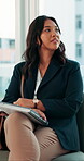 Recruitment, thinking and waiting room with business woman in office for interview or job opportunity. App, hiring and human resources with candidate in workplace for career development or vacancy