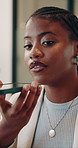 Business, voice note and black woman with phone for talking, recording message and project feedback. Creative, agency and person on cellphone for speaker, reminder and communication for campaign