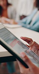 Hands, tablet and scroll with project at office meeting for review, agenda and team at media company. Person, tech and report with application, feedback or checklist for proposal at creative agency