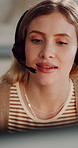 Call center, computer or woman with headset, contact us or help desk guidance in crm service. Communication, mic or consultant with technology, online assistance or feedback in customer support.