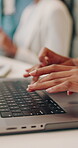 Business, meeting and hands with keyboard, typing or ad campaign for brand awareness on social media. Digital marketing, online and person with laptop for project, creative and research in boardroom