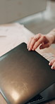 Woman, laptop and close with remote work from home, finished and thinking with relief, break and deadline. Person, virtual assistant and done with computer, project and rest with perspective in house