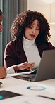 Business meeting, discussion and women with laptop for project, public relations and planning for ad. PR manager, online and people with documents for brand awareness, serious and performance review