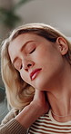 Woman, neck pain and home with stress, discomfort or injury for muscle tension or fibromyalgia. Frustrated, female person or sore spine with joint inflammation, cramp or stiffness for bad posture