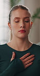 Breathing, rest and woman in home for fitness, exercise or workout with recovery or break. Sweating, inhale and female person in living room for relax with mindfulness, calm or peace in apartment.