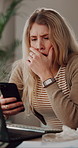 Woman, phone and texting with yawn for remote work from home, tired or exhausted with web chat. Person, virtual assistant and notification on app with computer, burnout or fatigue for freelance job