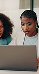 Laptop, meeting and planning with business people in office for brand awareness, team and project. Target audience research, collaboration and social media marketing with women in creative agency