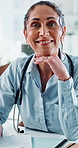 Doctor, woman and face for healthcare in office for medical support, health check up or treatment. Medicine, mature professional and portrait in clinic for cardiology, wellness and smile for about us