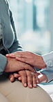 Senior, people and holding hands with empathy for support, love or understanding in hospital. Closeup, elderly or touch with comfort or sympathy for medical condition, bad news or diagnosis in clinic