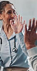 Doctor, tablet and old man in hospital with high five, medical consultation or good news for recovery. Healthcare worker, elderly person and celebration in clinic with tech, smile or healing success.