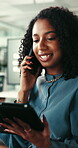 Phone call, tablet and reading with business woman in office for networking, schedule manager and contact. Communication, planning and conversation with female person in agency as virtual consultant