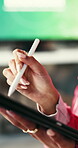 Hand, pen and tablet with graphic designer in office for drawing, illustration or website editing. App, creative and writing with person in design workplace for development, planning or research
