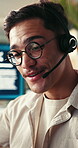 Call center, chat and happy man with headset in office, tech support and communication with contact. Virtual assistant, help desk and person with mic for consultation, troubleshooting and discussion