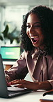 Woman, surprise and applause in office with laptop, smile and success for email marketing campaign. Happy, person clap and shock in business with computer, celebration or achievement for advertising.