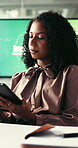 Woman, planning and research in office with tablet, website or review newsletter for email marketing. Person, reading and check campaign in business with digital tech, project and online advertising.