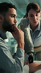 Lab, team and people with artificial limb for research, innovation and design for medical science. Online, technician and man with woman with prosthetic model for sensory and neural integration