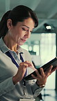 Happy, woman and programmer with tablet in office for research, server update and troubleshooting. Smile, mature person and digital for programming, testing software and IT inspection for maintenance