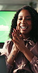 Happy, woman and applause in office with laptop, notification and success for email marketing campaign. Person, smile and clap in business with computer, celebration and achievement for advertising.