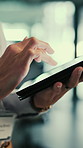 Hands, woman and programmer with tablet in office for research, server update and troubleshooting. Female person, typing or digital for programming, testing software and IT inspection for maintenance