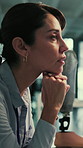 Prosthetic leg, research and woman with thinking in office for artificial limb, development and innovation. Mobility aid, interface and prosthetist with tech by prototype for biomechanics review