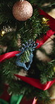 Closeup, trinket and tree with bauble for Christmas decoration, celebration and holiday tradition. Ball, lights and ornament with sparkle for festive season, xmas event and creative aesthetic in home