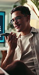 Glasses, man and phone call with web developer in office for conversation, feedback or update. Communication, eyewear and reflection with professional employee in workplace for development project
