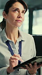 Think, typing or woman with tablet in office, planning  software update or server maintenance proposal. Reflection, tech or mature engineer with solution for system cybersecurity, programming or idea