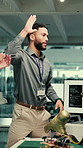 People, high five and design with prosthetic in lab with robotics, pile and engineer with success for team. Group, developer and pc with motivation for huddle, artificial limb or goals for innovation