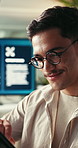 Man, scroll and reading in office with tablet, digital marketing or email feedback for campaign idea. Person, typing or research in business with glasses, tech or check online for advertising insight