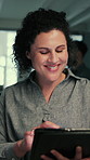Smile, woman and programmer with tablet in office for research, server update and troubleshooting. Happy, female person and digital for programming, testing software and IT inspection for maintenance