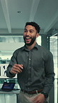 Prosthetic leg, dancing and man in lab, excited for breakthrough and happiness for anatomy design. Person, employee and programmer in workplace, smile and prototype success for research and invention