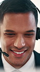 Happy man, headset and computer at office for legal advice with consultation, review or insight. Person, advisor and smile with voip tech, microphone and help desk for service at corporate law agency