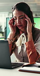 Headache, stress and woman with laptop in office, neck strain and poor posture for muscle tension. Migraine, discomfort and mature business person with pc for proposal, temple massage and brain fog