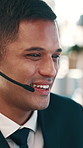 Happy man, headset and talk at call center for legal advice with microphone, insight and consulting. Person, advisor and smile with voip, discussion or help desk service at corporate law agency