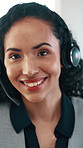Happy woman, headset and face at call center with mic, confident and consulting at investment company. Person, financial advisor and smile with voip, portrait or help desk at agency in Colombia