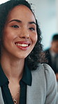 Businesswoman, smile and thinking in office with idea, accounting plan or vision for financial audit. Coworking, person and accountant in corporate firm with reflection, finance insight and decision.