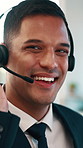 Happy man, headset and face with at call center for legal advice with microphone, confident and consulting. Person, advisor and smile with voip, portrait or help desk service at corporate law agency