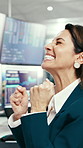 Happy woman, broker and winning with fist pump for stock market success or trading in office. Excited, female person or smile with bonus or promotion for financial investment or increase in workplace