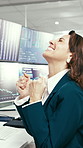 Happy woman, trading or winning with fist pump for stock market growth or financial profit. Excited, female person or broker with smile or good news for bonus, increase or online investment in office