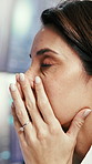 Woman, bad news and stress for stock market crash, financial loss or plummet in office. Frustrated, female person or broker with disappointment for bankruptcy, debt or trading mistake in workplace