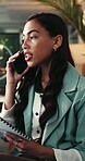 Phone call, documents and reading with business woman in office for networking, schedule manager and contact. Communication, planning and conversation with person in agency as virtual consultant