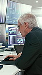 Computer, chart and mature businessman for trading, stock market and investment. Reading, investor and person with screen, statistics and graphs for research, financial analysis and profit growth