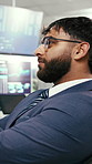 Thinking, chart and business man on computer for trading, stock market and investment. Glasses, investor and person with screen, statistics and graph for research, financial analysis or profit growth