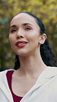 Fitness, happy and woman outdoor in nature for fresh air, endorphins and wellness with pride. Exercise, workout and female runner in park for rest, smile and athlete training or positive mindset