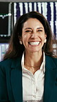 Happy, celebration and face of businesswoman by computer for trading with winning or investment approval. Smile, good news and financial manager with stock market growth or opportunity in workplace.