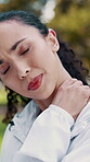 Fitness, woman and tired outdoor with neck pain, fibromyalgia symptoms or hurt from difficult workout. Active, person and exhausted with fatigue from intense exercise, sports injury and inflammation.